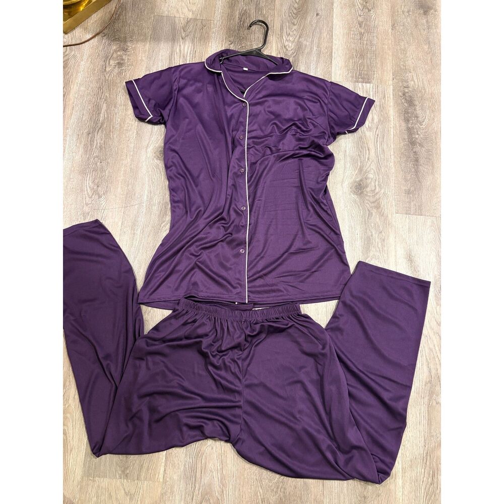 Purple Satin Pajama Set with Contrast Piping New